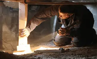 A professional inspecting wooden beams under the floor of a structure in Columbus, OH